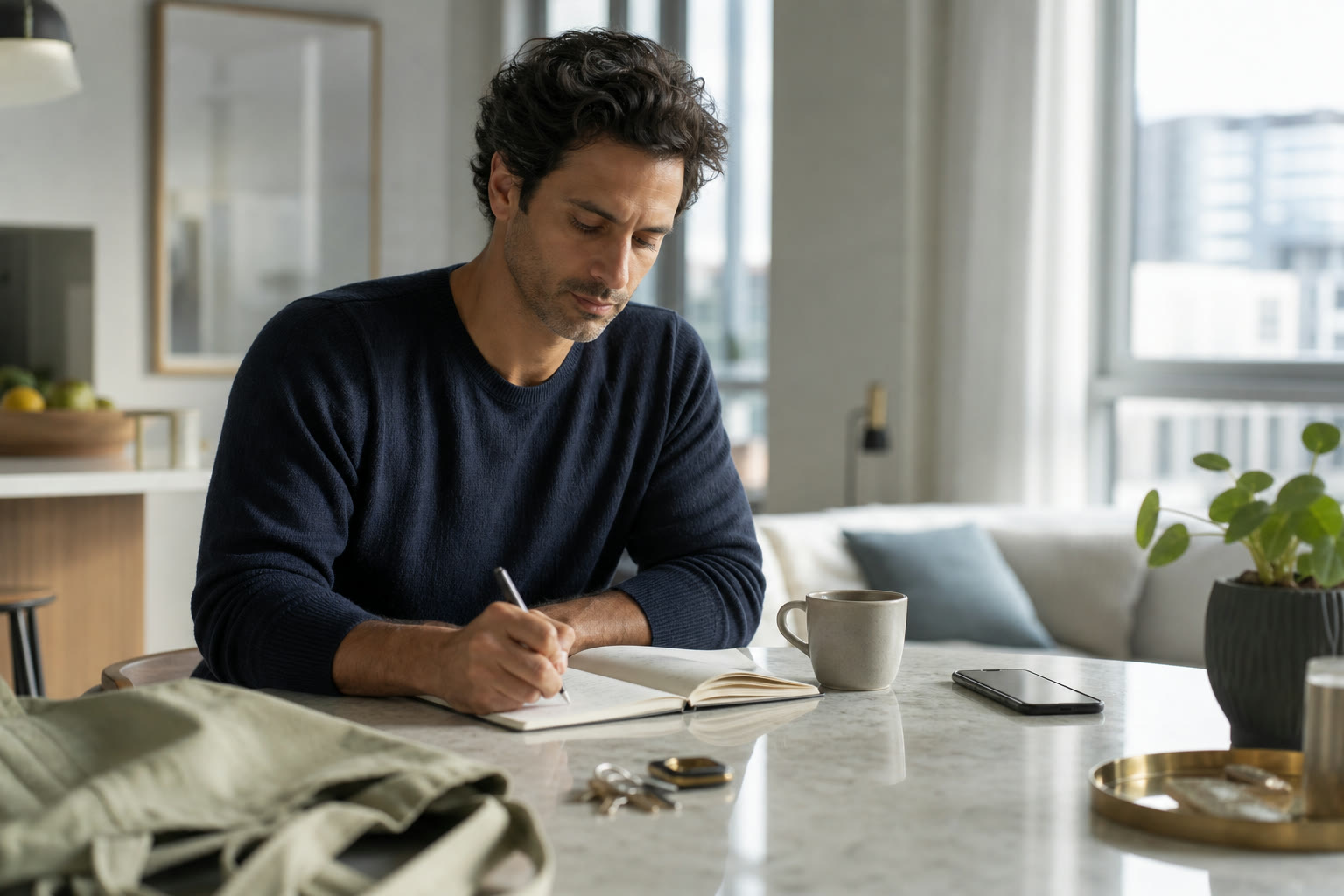 An adult writing in a notebook at a table beside coffee and a phone
